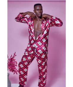 Pyjama SEDUCTION Ensemble 2 pièces en Satin-Soie Rouge Carrelé Homme